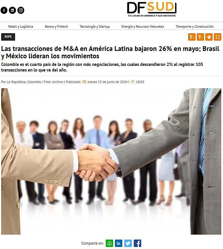 Las transacciones de M&A en Amrica Latina bajaron 26% en mayo; Brasil y Mxico lideran los movimientos